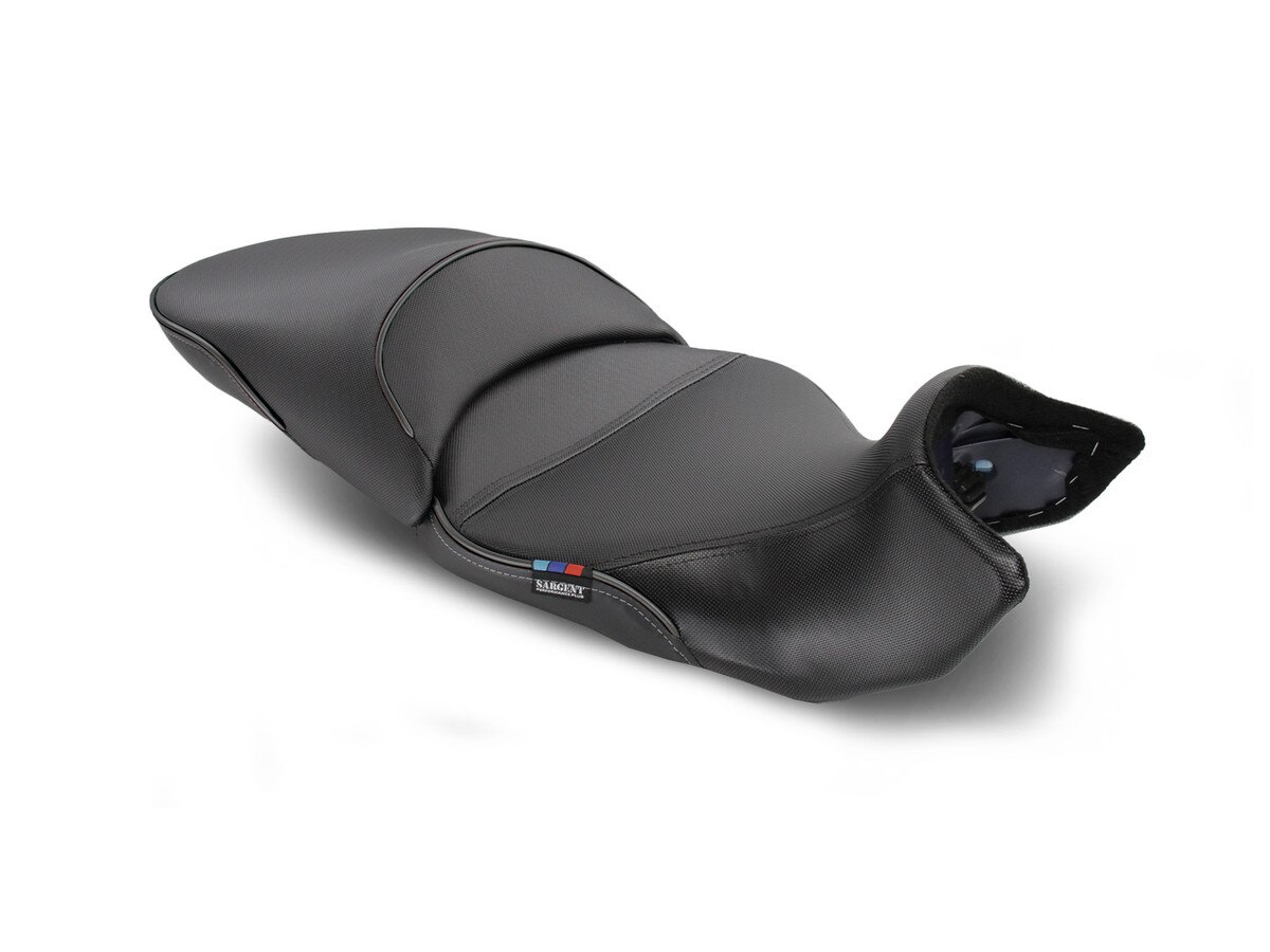 Sargent World Sport Aftermarket Motorcycle Seat for the 2023+ BMW R 1300 GS low front and rear with DTX/GZ and black welt.